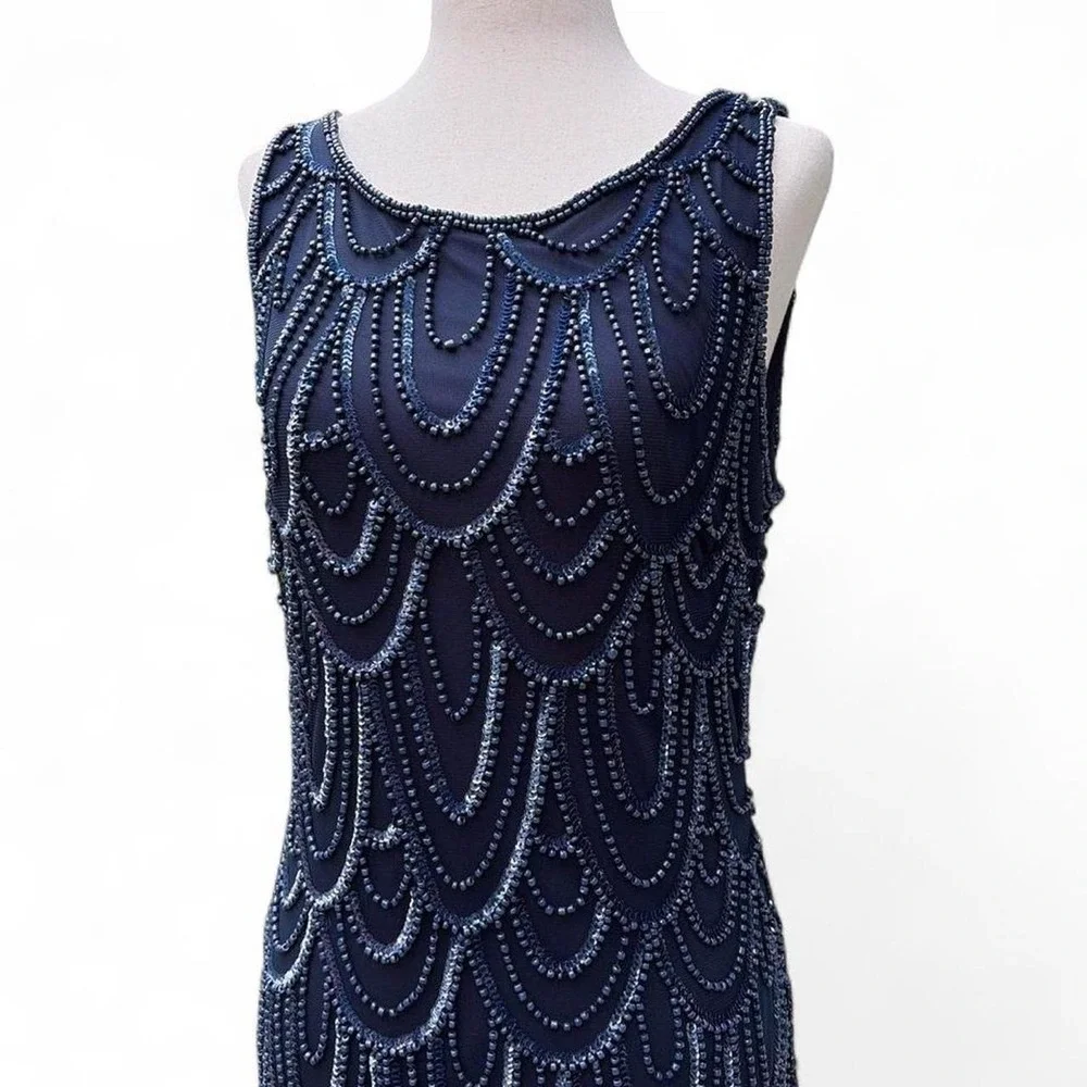 Vintage Y2K 20s Inspired Midnight Blue Beaded‎ Dress